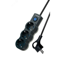 Удлинитель Космос 3 гнезда 1,5 м с заземлением, с выключателем ,ПВС 3х0,75, черный, (YKsm1.5m-3g-Z-V10A-B)